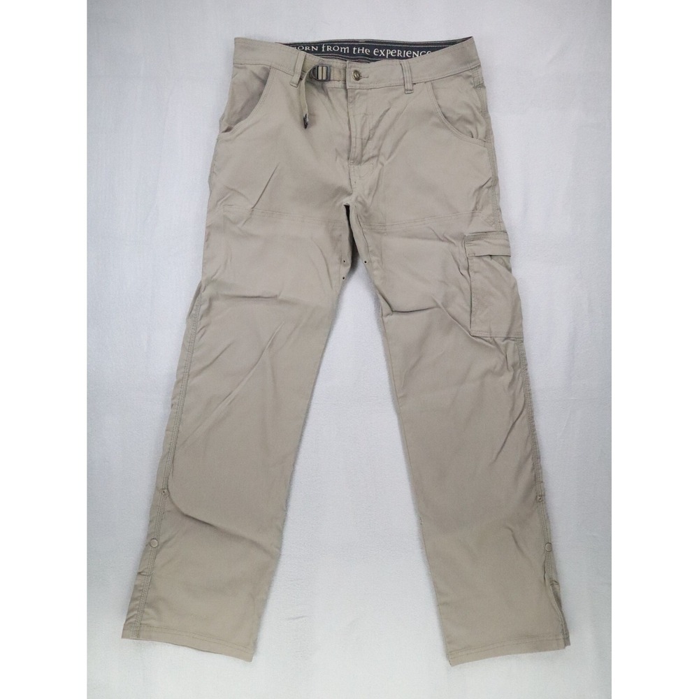 Prana Stretch Zion II Straight Pants Hiking Belt Roll Snap Up Medium 32L Beige‎